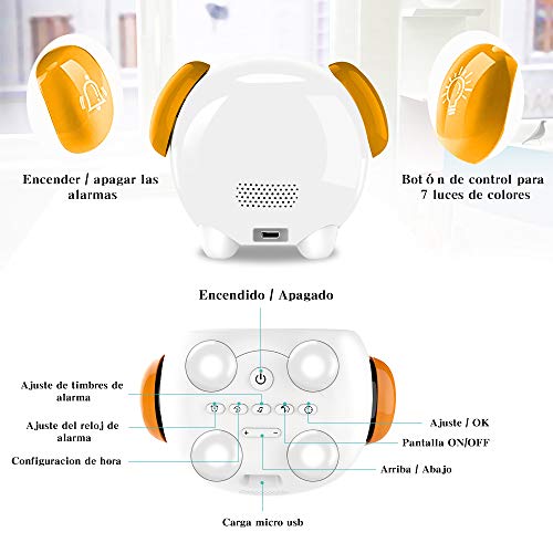 Despertador Infantil - 2019 Niños Entrenador de Dormir LED despertador luz Digital, 2400mAh Recargable con 2 Alarmas, 3 Modos, 6 Sonidos Naturales, 7 Luces de Colores Ajustables, Función Snooze