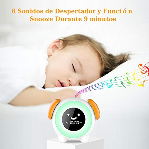 Despertador Infantil - 2019 Niños Entrenador de Dormir LED despertador luz Digital, 2400mAh Recargable con 2 Alarmas, 3 Modos, 6 Sonidos Naturales, 7 Luces de Colores Ajustables, Función Snooze