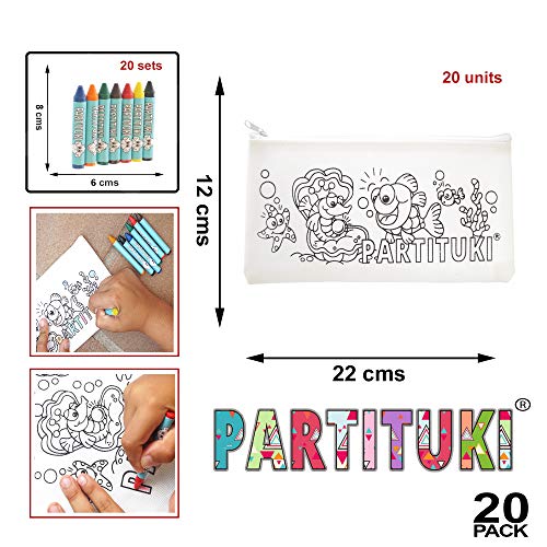 Detalles para Niños Partituki. 20 Estuches para Colorear y 20 Sets de 7 Ceras de Colores. Detalles Fiestas Infantiles. Con Certificado CE de no Toxicidad