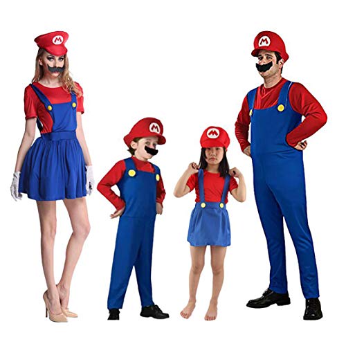 Disfraz Familiar Carnaval Trajes Super Mario Luigi para Niños Adultos Disfraces Fiesta de Carnaval de Halloween Cosplay Sombrero + Ropa + Barba 3 Piezas