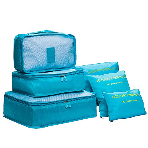 DoGeek Organizador de Equipaje 6 en 1 Set Viaje con Bolsa de Zapato, Impermeable Organizador de Maleta Bolsa para Ropa Sucia de Viaje, Material Nylon (Azul)