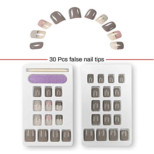 Doreliss Uñas postizas, uñas a presión, 30 piezas de uñas postizas cuadradas brillantes de cubierta completa, uñas reutilizables con cintas de uñas Gris para mujeres y niñas