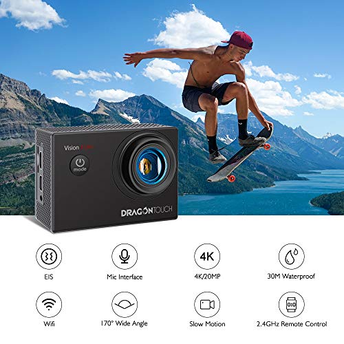 Dragon Touch Cámara Deportiva WiFi 4K 20MP Cámara de Acción con Control Remoto Mic Externo EIS 170°Gran Angular Cámara Sumergible Acuática 30m Impermeable 2 Baterías Multi Accesorios (Vision 4 Lite)