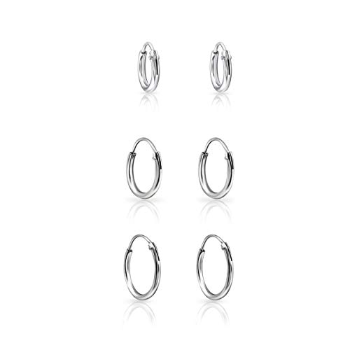 DTPsilver - Pendientes para mujer, pequeño aro de plata fina 925, juego de 3 pares, grosor de 1,2 mm, diámetro de 12 mm