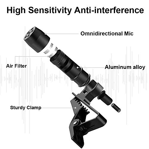 EasyULT 3.5mm Micrófono Solapa Omnidireccional Condensador Lavalier, con Adaptadore y Cable de Extensión, para Movil, Grabación Entrevista/Videoconferencia/Podcast