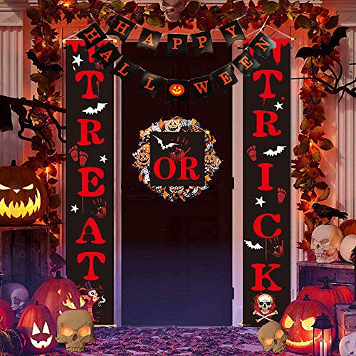 EBANKU 4pcs Decoraciones Colgantes de Banner de Puerta de Halloween Truco O Trato Cartel de Porche Cortina Puerta Principal Inicio Decoración de Fiesta Al Aire Libre Suministros