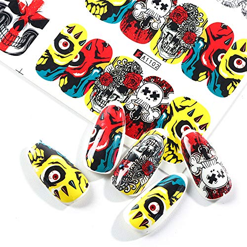 EBANKU 50 HojasPegatinas para Uñas Kit Halloween Pegatinas Transferencia Agua Uñas Calcomanías Etiquetas Engomadas Uñas Nail Art Stickers para Manicura Diseño DIY de Uñas