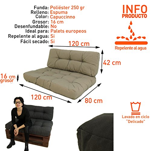 Edenjardi Cojines para palets | Cojín de Asiento 80x120x16 cm + Cojín Respaldo 42x120x16 cm | Lux Color Cappuccino | Repelente al Agua | Portes Gratis