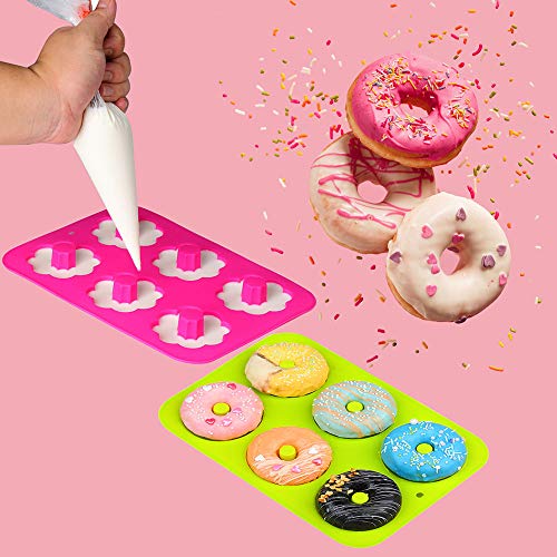 EKKONG Moldes de Silicona Donut,Resistente al Calor a 260 °C,Adecuado para Pasteles,Galletas,Bagels, Muffins-Naranja,Rosa Roja,Verde,6 cavidades,Paquete de 3