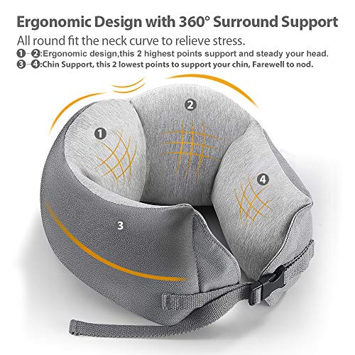 Elegear® Almohada de Viaje Espuma de Memoria Almohada Cervical - Almohada para el Cuello con Tapones Y Máscara de Ojos para Viaje Avión Oficina Familia - Gris Cristal