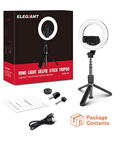 ELEGIANT Palo Selfie Trípode, Selfie Stick con Anillo de luz LED para Fotografía con Control Remoto Bluetooth para Cámara Deportiva, Móvil, Gopro, Sirve para Youtube Maquillaje, Aro de luz Ajustable