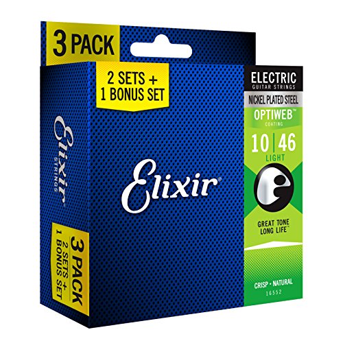 Elixir cuerdas 16552 acero chapado en níquel cuerdas para guitarra eléctrica con revestimiento de optiweb, Set de 3 piezas