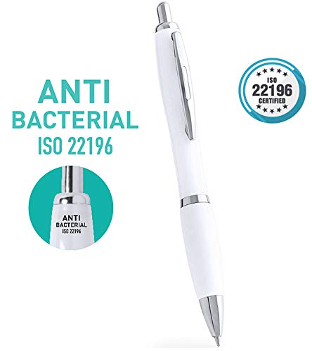 EMP52 - Bolígrafo Antibacteriano Retráctil, Pack de 6 Unidades, Cuerpo Blanco, Tinta Azul. Inhibe y Previene el Crecimiento de Bacterias.