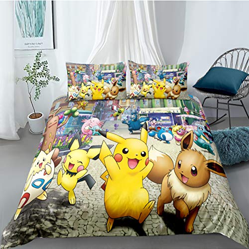 Enhome 3 Piezas Microfibra Juego de Funda de Edredón, Ropa de Cama para Adolescentes 3D Impresión Funda Nórdica y 2 Piezas Fundas de Almohada (Pokemon D,150x200cm)