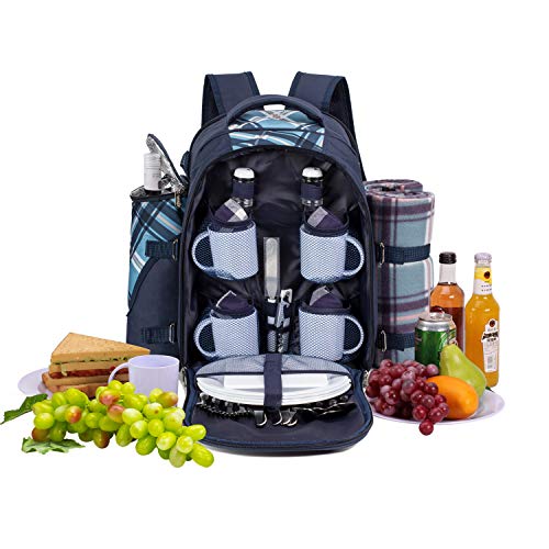 Eono by Amazon - 4 Person Picnic Backpack Hamper Cooler Bag con Juego de Mesa y Manta