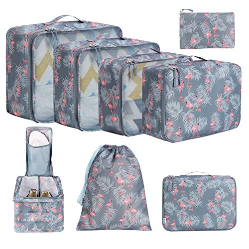 Eono by Amazon - 8 Set Cubos de Embalaje, Organizadores para Maletas, Travel Packing Cubes, Equipaje de Viaje Organizadores, con Bolsa de Zapatos, Bolsa de Cosméticos y Bolsa de Lavandería, Flamenco