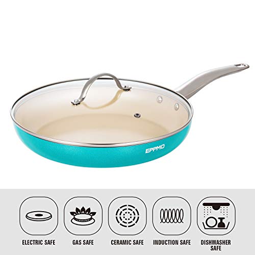 EPPMO Sartén Antiadherente de Aluminio 28cm sin PFOA, Sartén de Cerámica Resistente a Alta Temperatura con Tapa. Apto para todo tipo de Cocinas incluido Inducción, Azul Tiffany, Saltear Freir Asar