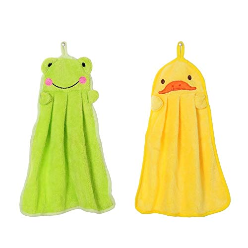 EQLEF Lovely Nursery la Toalla de Mano Suave Felpa Animal de la Tela Colgante de la Historieta Limpie la Toalla de baño Rana Verde Pato Amarillo 2 Piezas(37 * 31cm)