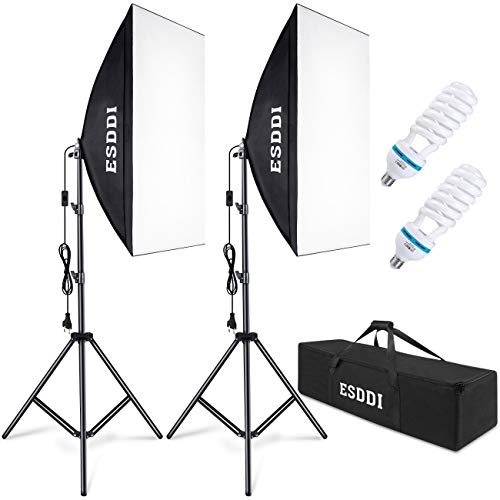 ESDDI Softbox Kit Iluminacion Fotografia con 2 Softbox 50x70cm, 2 Bombilla de Luz 800W, 2 Tripodes, 1 Bolsa de Transporte, Luz Continua para Estudio Fotográfico Profesional