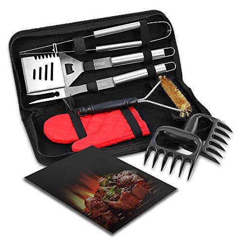 esonmus Utensilios Barbacoa, Juego de Utensilios para Barbacoa de Acero Inoxidable Kit 8 Piezas, Incluido Estera Barbacoa y Carne de Garras 1 par, Premium Completo Barbacoa de Exterior Kit