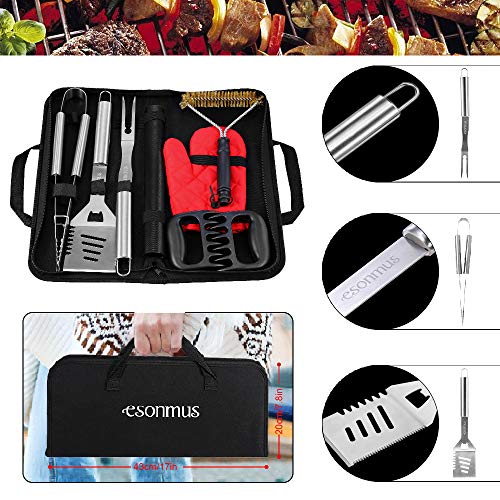 esonmus Utensilios Barbacoa, Juego de Utensilios para Barbacoa de Acero Inoxidable Kit 8 Piezas, Incluido Estera Barbacoa y Carne de Garras 1 par, Premium Completo Barbacoa de Exterior Kit