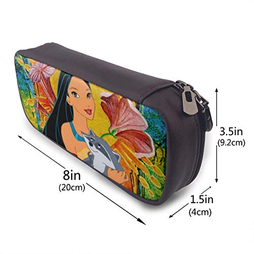 Estuche de cuero para lápices Anime Pocahontas y Meeko Estuche para bolígrafos Estuche para lápices Papelería Maquillaje cosmético Bolsa con doble cremallera