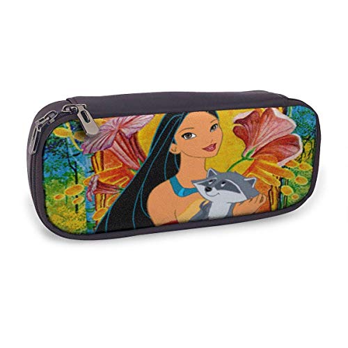 Estuche de cuero para lápices Anime Pocahontas y Meeko Estuche para bolígrafos Estuche para lápices Papelería Maquillaje cosmético Bolsa con doble cremallera