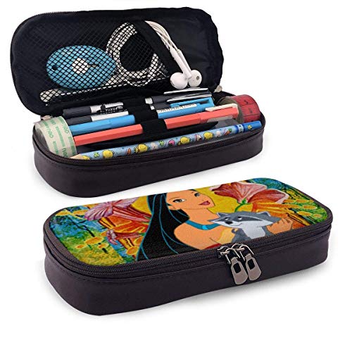 Estuche de cuero para lápices Anime Pocahontas y Meeko Estuche para bolígrafos Estuche para lápices Papelería Maquillaje cosmético Bolsa con doble cremallera