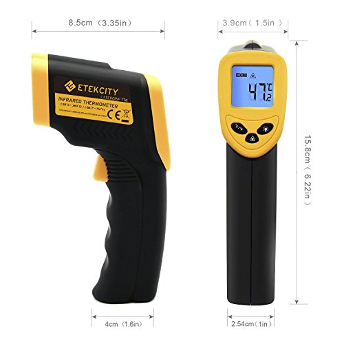 Etekcity 774 - Termómetro Infrarrojos Digital (Medidor de Temperatura sin Contacto, -50 hasta +380 °C, Iluminación LCD, Color Amarillo/Negro, No Apto Para Personas)