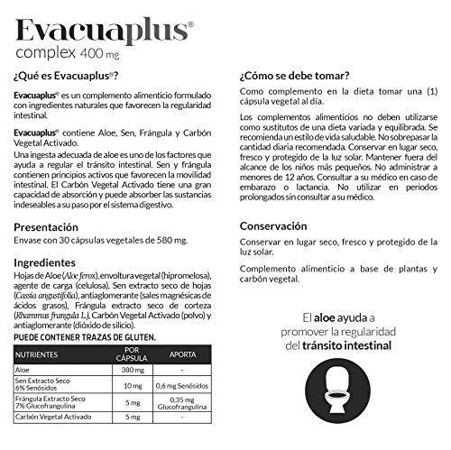 Evacuaplus complex 400 mg con aloe, sen, frángula y carbón vegetal activado – 30 Cápsulas Vegetales.