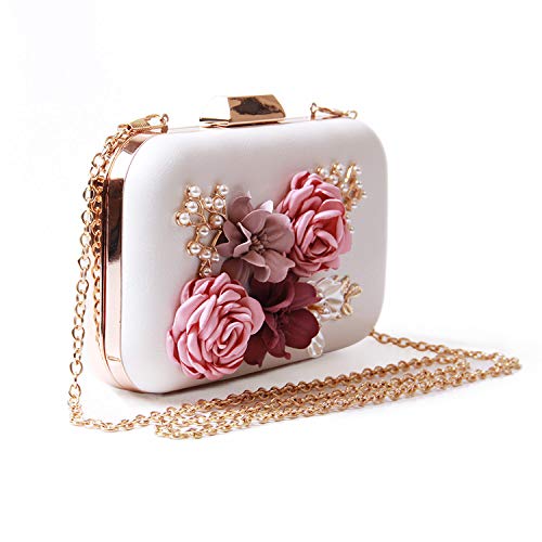 EVEOUT Bolso de Novia con Cuentas Flor Perlas para Novias,Bolso de Mano para Mujer en Piel Bolso de Fiesta para Mujer Bolso BandoleraRetro Pequeño Bolsos de Cadena para Niña