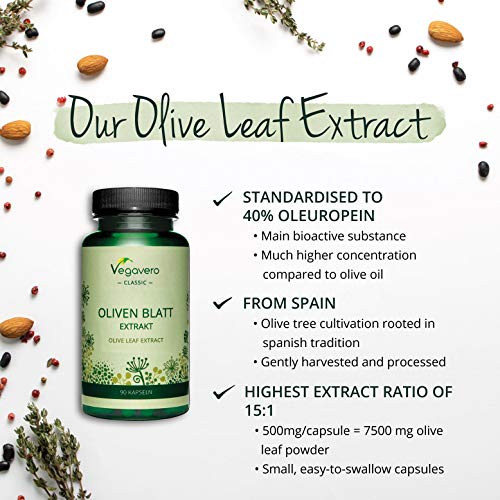 Extracto de Hoja de Olivo Vegavero® | La Dosis Más Alta: 7500 mg con 40% de Oleuropeína | Circulación + Antioxidante + Colesterol | Sin Aditivos | 90 Cápsulas | De España