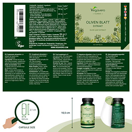 Extracto de Hoja de Olivo Vegavero® | La Dosis Más Alta: 7500 mg con 40% de Oleuropeína | Circulación + Antioxidante + Colesterol | Sin Aditivos | 90 Cápsulas | De España