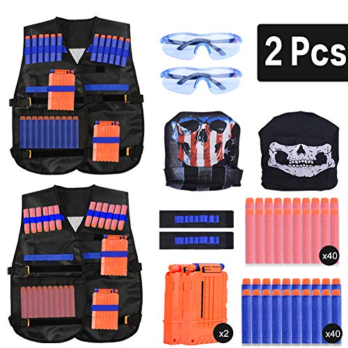 EXTSUD Chaleco Táctico Niños Elite Tactical Chaleco para N-Strike Elite Series con 80 Piezas de Recarga de Dardos, 2 Clips de Recarga, 2 Máscaras Tácticas, 2 Muñequeras y 2 Gafas Protectoras