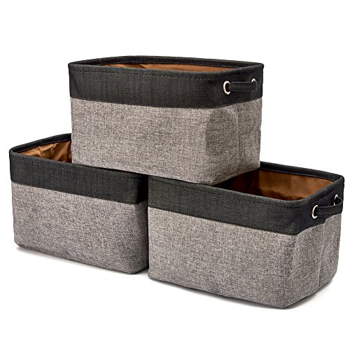 EZOWare 3 Pcs Caja de Almacenaje, Cestas Organizador de Tela Plegable con Manijas para Hogar, Oficina, Estanterías, Armarios, Ropa, Juguetes y mas - 38 x 27 x 24cm -Negro/Marrón