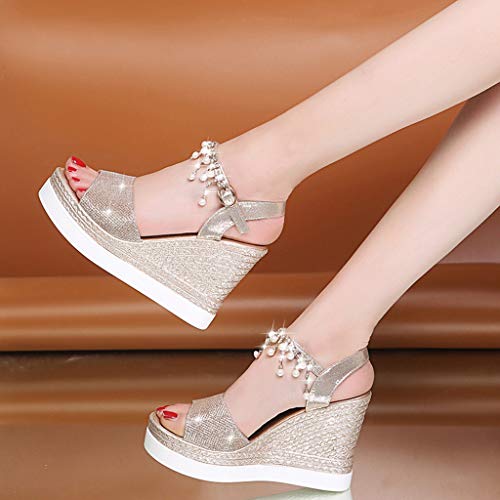 Fannyfuny Sandalias para Mujer | Sandalias Romanas Plana Zapatos Sandalias con cuña tacón Plataforma Alta con Tira Ancha con Colgante de Cristal 8cm 34-40