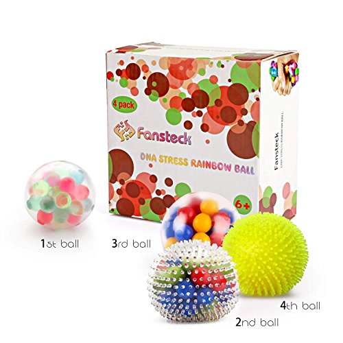 Fansteck Bola Antiestrés [4 Pack], Stress Ball de Diferentes diseño, Pelotas Antiestres, Squishy Ball Alivia estrés para niños y Adultos, fortalece Manos y Dedos.