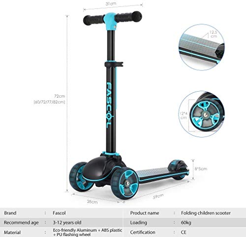 Fascol Patinete de Tres Ruedas para Niños de 3 a 12 Años, Luces LED, Scooter Plegable y Barra Ajustable en T, Carga Máxima 60 kg, (Azul Oscuro)