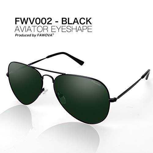 fawova Gafas Aviador Hombre Polarizadas con Lente Verde, Gafas Sol Hombre Polarizads Montura de metal Negro,Conducir, Pescar, Golf, Correr UV400, Cat.3 58mm(Negro, Verde)