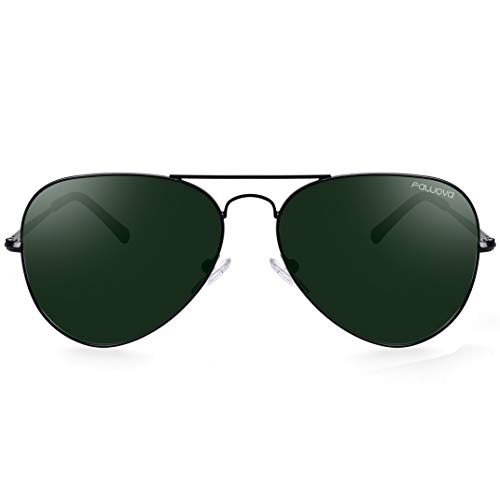 fawova Gafas Aviador Hombre Polarizadas con Lente Verde, Gafas Sol Hombre Polarizads Montura de metal Negro,Conducir, Pescar, Golf, Correr UV400, Cat.3 58mm(Negro, Verde)