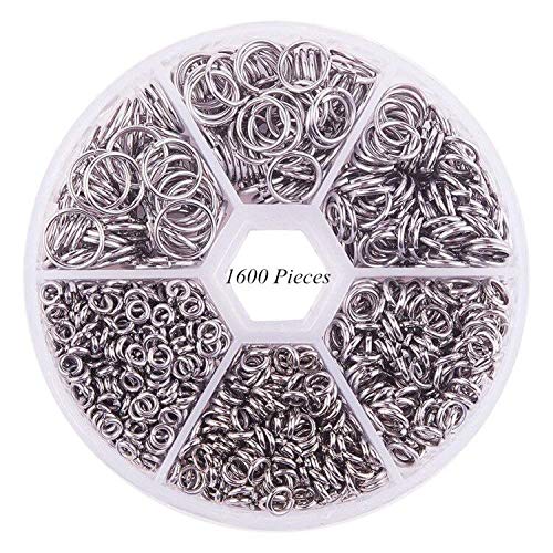 Febbya Anillas Abiertas,1600 Piezas Anillos de Salto Redondo Solo Aro Abra los Anillos para Collar Pulsera Joyería Plata Hierro 4-10mm