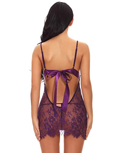 FeelinGirl Mujer Ropa Erótica Transparente Sexy de Encaje de Flores Conjuntos de Lencería Morado S