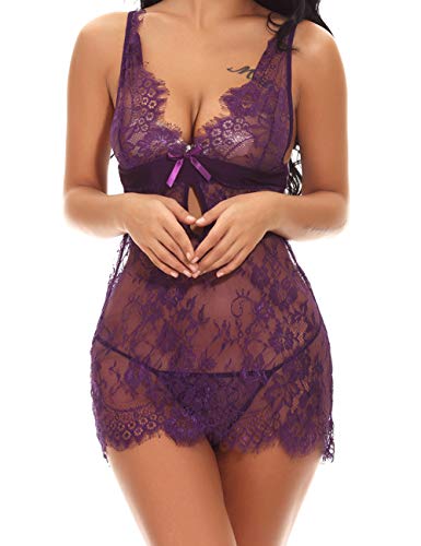 FeelinGirl Mujer Ropa Erótica Transparente Sexy de Encaje de Flores Conjuntos de Lencería Morado XXL