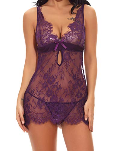 FeelinGirl Mujer Ropa Erótica Transparente Sexy de Encaje de Flores Conjuntos de Lencería Morado XXL