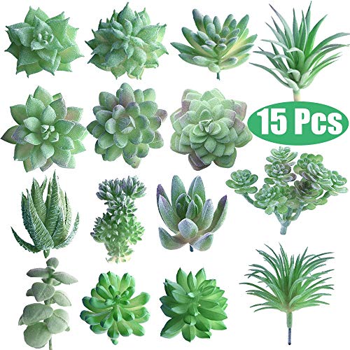 FEPITO 15 piezas artificiales plantas suculentas verde sin manchas Faux Flower Succulents Mini Echeveria selecciones a granel tallos para el hogar decoración interior de hadas del jardín