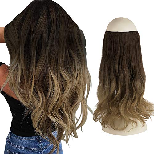 FESHFEN Extensiones de Hilo Invisible sin Clip de una pieza Halo extensiones de cabello secreto línea de pescado extensiones de pelo ondulado sintético 46cm 130g