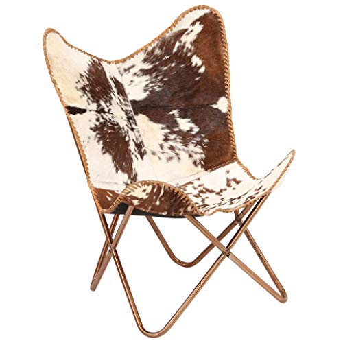 Festnight Estilo Vintage Silla de Mariposa de Piel de Cabra Auténtica Completamente Hecha a Mano Marrón y Blanca 74 x 66 x 90 cm