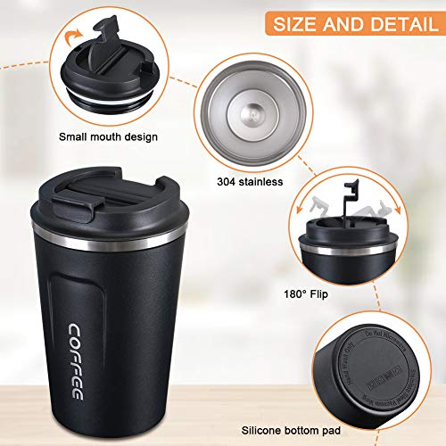 flintronic Taza de café 380ML, Taza de Viaje de Acero Inoxidable - Taza de automóvil de Doble Pared de Aislamiento Taza, Calibre Super Wide Cup para Hielo Fácil de Poner(Negro)