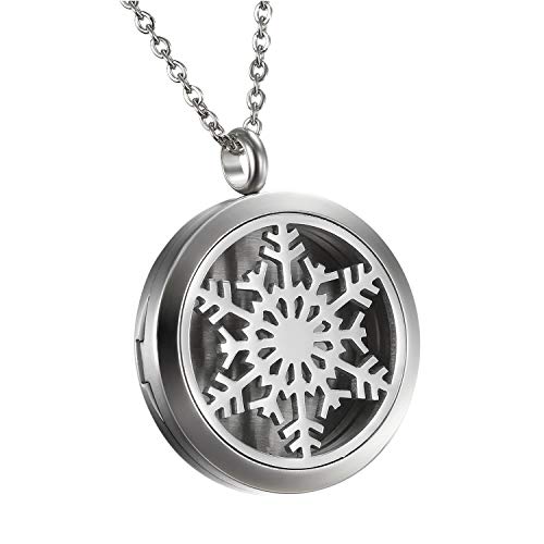 Flongo Collar con Colgante de Locket Perfume Difusor Aromaterapia, Mujer Copo de Nieve Colgante de Moneda Hueco para Aceite Esencial con 6 Almohadillas, Color Plateado Vintage, Regalo para Mujeres