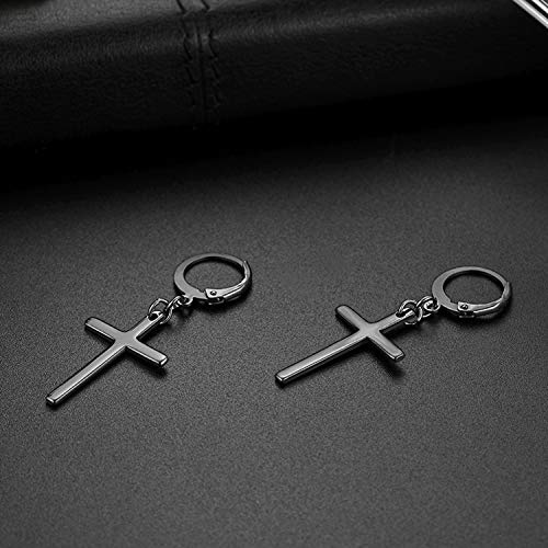 Flongo Pendientes de cruz largo pendientes de aros pequeños, Pendientes de acero inoxidable negro, Pendientes de mujer hombre estilo hip hop unisex, 1 par, Regalo para San Valentín/Navidad